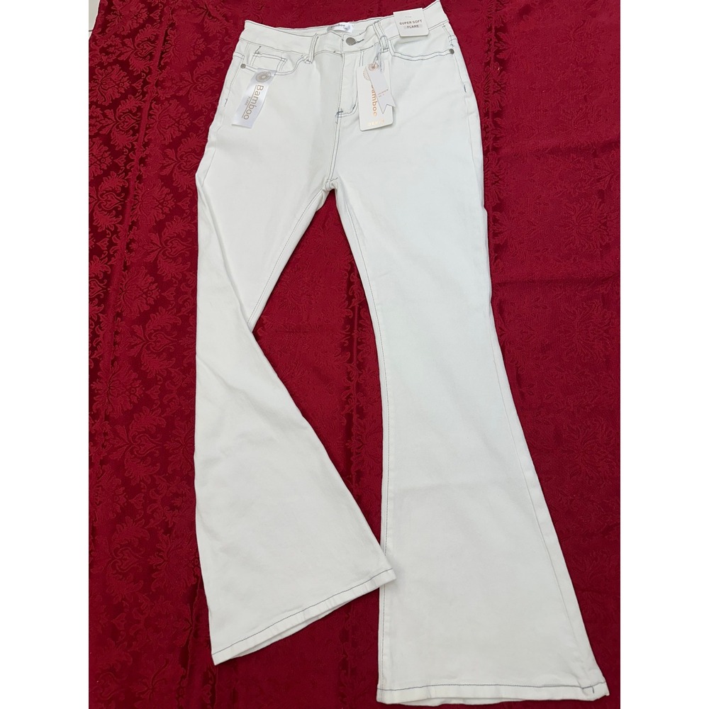 Bamboo Denim White Flare Jeans Rhinestone Wing Back Pocket Sz 15(30.5x31 Actual)